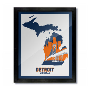 Detroit, Michigan Skyline Print: White -Blue/Orange Baseball