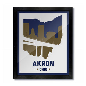 Akron, Ohio Skyline Print: White - Blue/Gold College